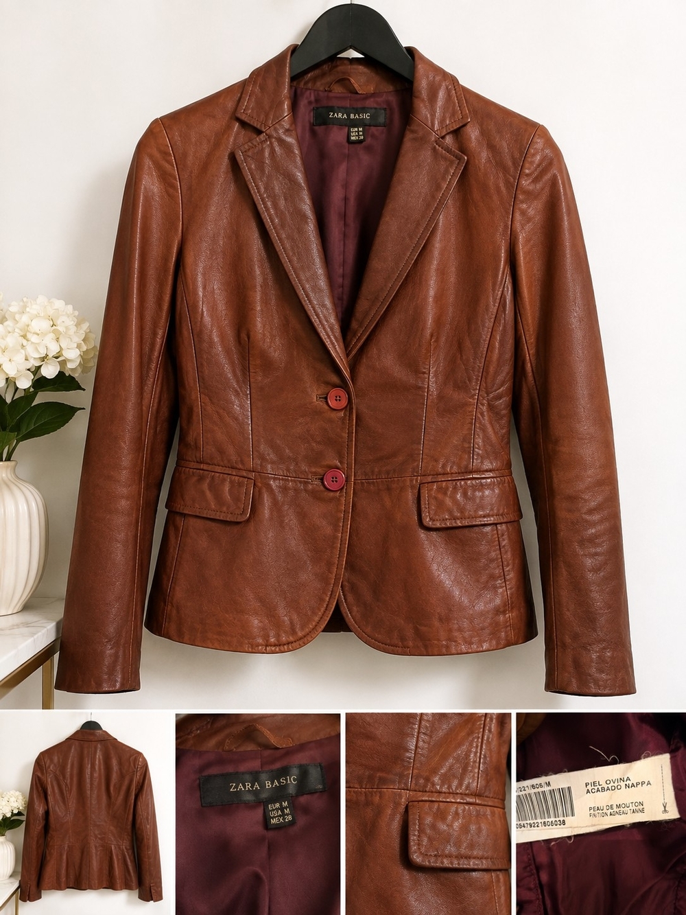 ZARA Genuine Nappa Leather Blazer – Cognac Brown – Size M